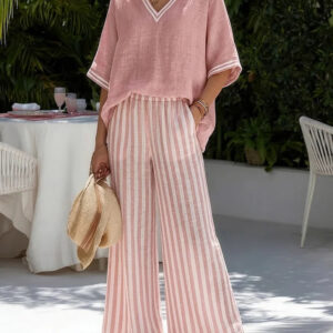 Nouvel ensemble d'été en coton et lin pour femme : haut ample à col en V et manches courtes, pantalon à jambes larges rayé. Ensemble deux pièces, tenue décontractée transfrontalière