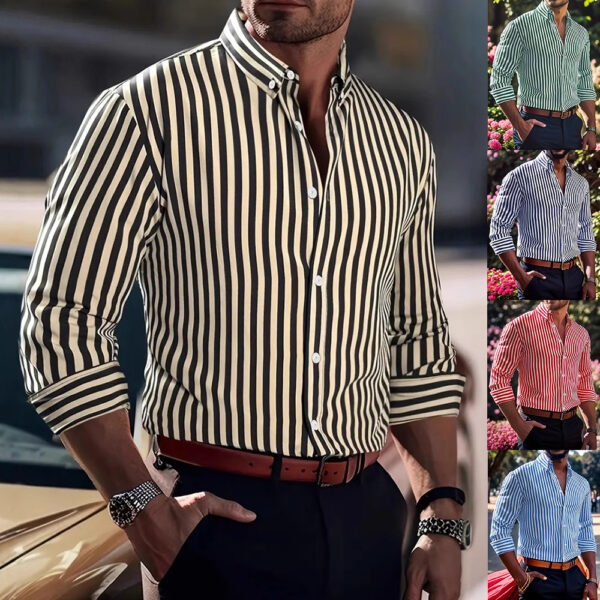 Chemise à manches longues imprimée à rayures pour homme – Vêtements décontractés à col et boutons