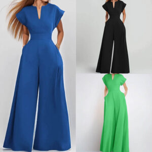 Combinaison d'été 2026, nouveau style, commerce international entre l'Europe et les États-Unis, vêtements pour femmes : combinaison tendance pour les trajets quotidiens, col en V, taille cintrée, couleur unie, jambes larges